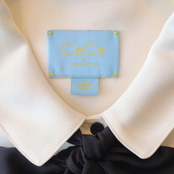 CeCe Cream Long Sleeve Tie Neck Mini Shirtdress with Black Bow Size Small - Picture 3 of 7